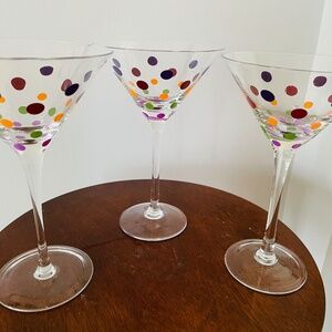 Set of THREE clear glass martini glass with colorful polka dot decoration